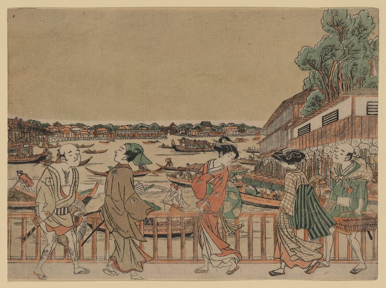 Peatones cruzando un puente sobre un río con barcos de Utagawa Toyoharu