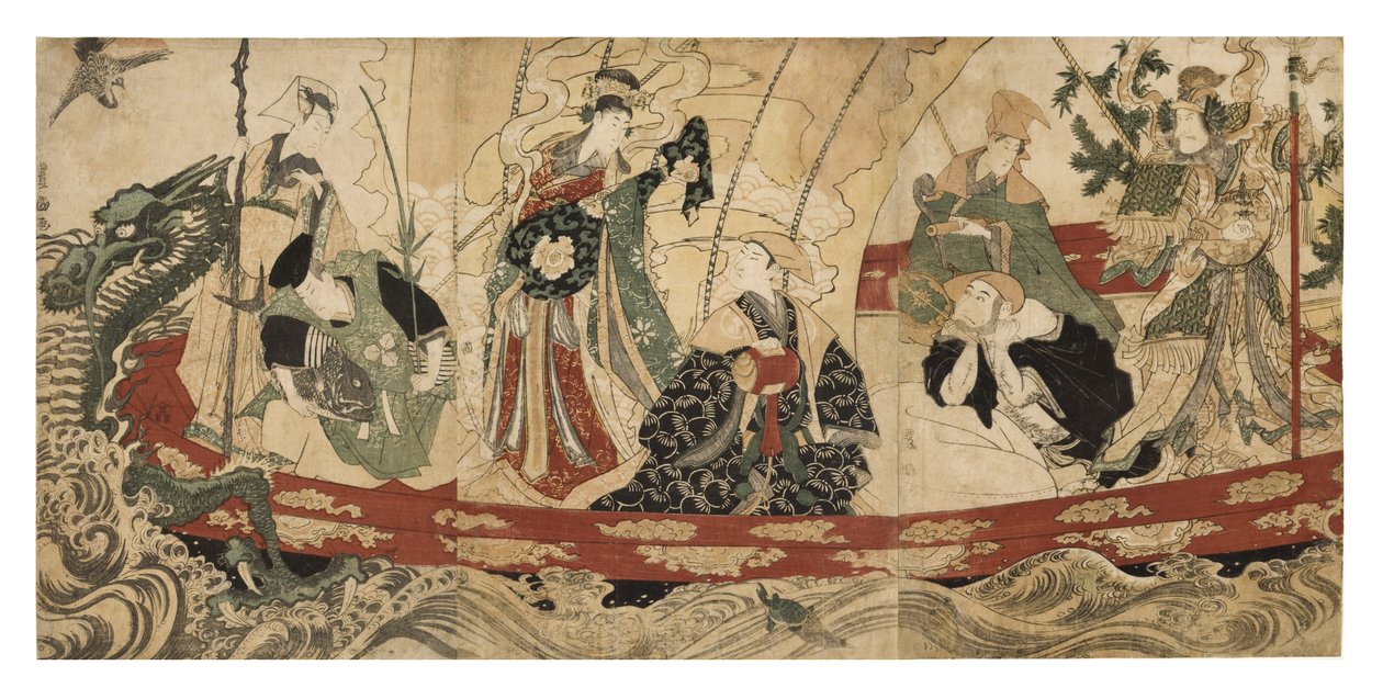 Actores como los Siete Dioses de la Fortuna en un barco del tesoro, 1800-05 de Utagawa Toyokuni