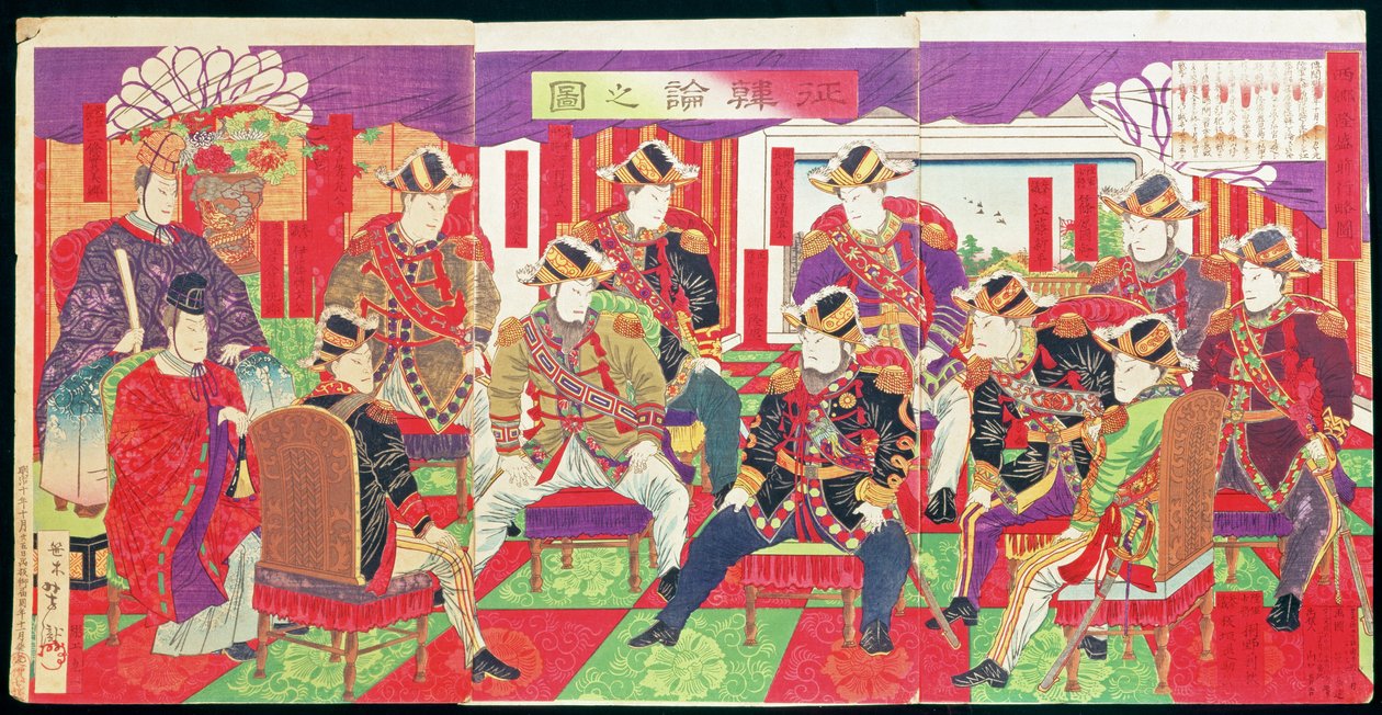 Führende Mitglieder der Meiji-Regierung diskutieren die Invasion Koreas, 1877 (Triptychon, Farbholzschnitt) von Utagawa Yoshitaki