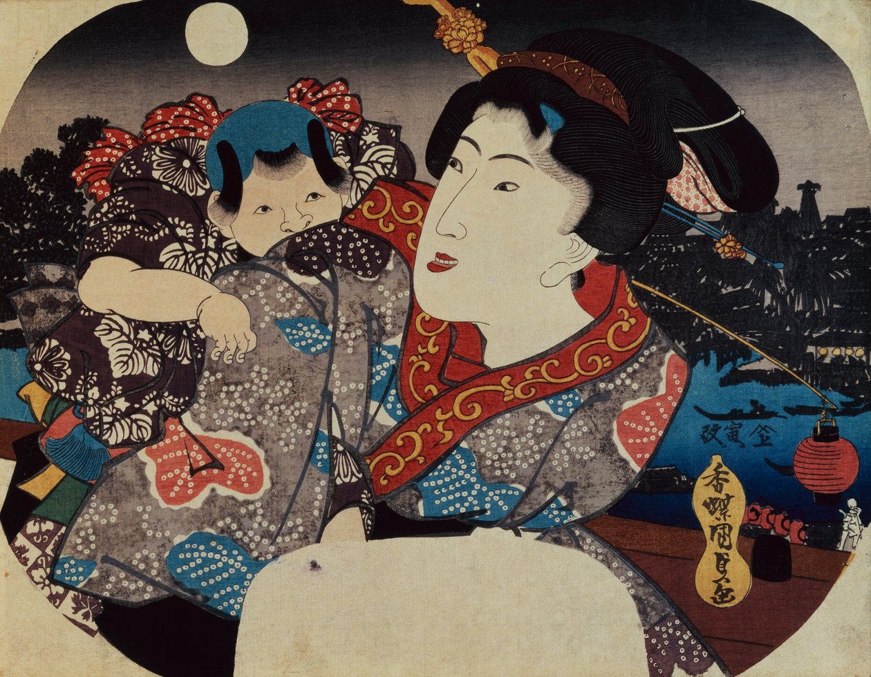 Una Mujer Llevando un Niño en su Espalda de Utagawa Kunisada