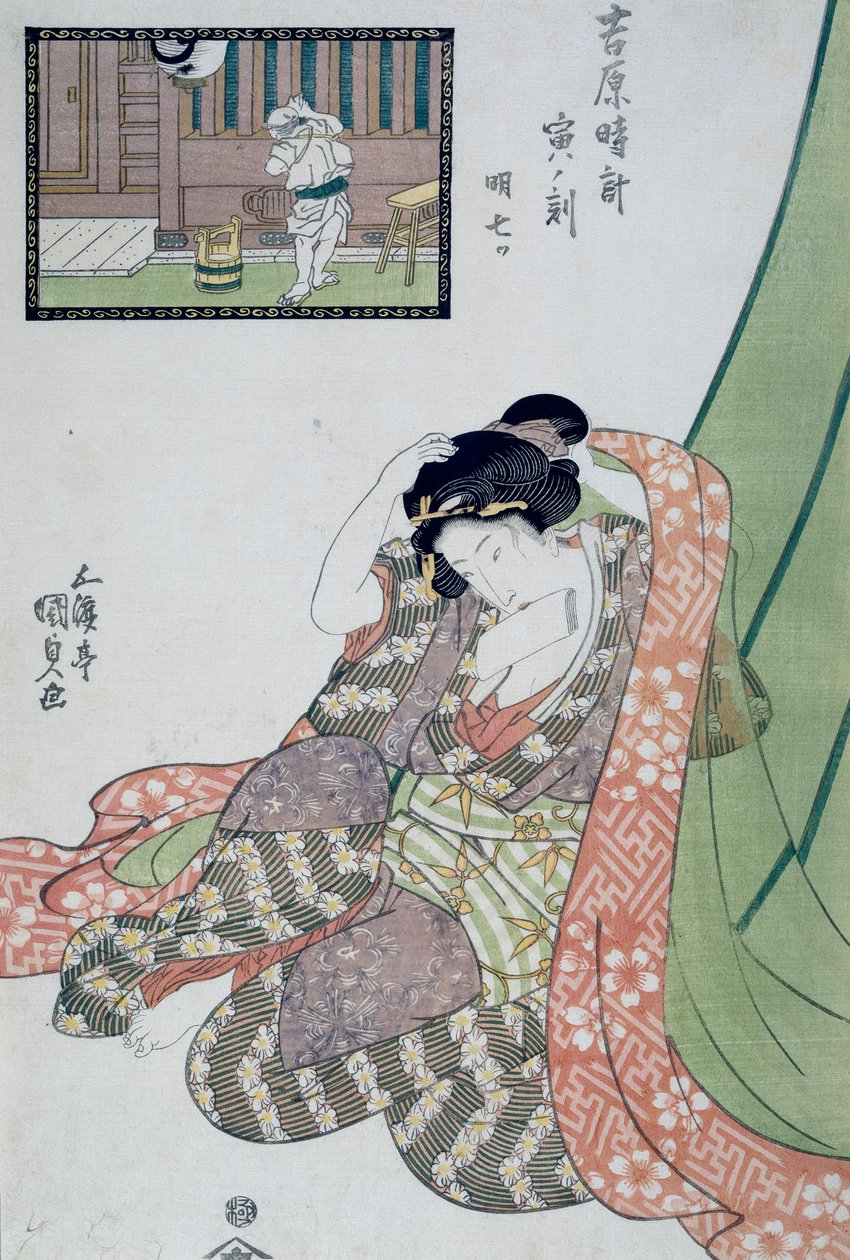 Hora del dragón, quinta a séptima hora de la mañana, ca 1818, xilografía de arte Ukiyo-e por Utagawa Kunisada de Las doce horas en Yoshiwara, xilografía Oban-tate-e de Utagawa Kunisada
