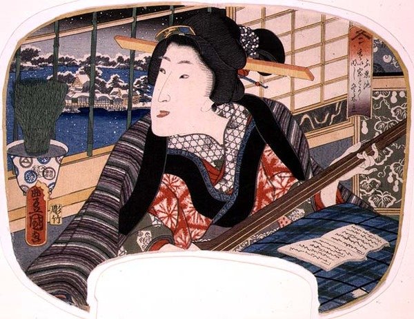 Invierno, estanque Shinobazu; una geisha practicando una balada, diseño para un abanico de un conjunto de cuatro que ilustran las estaciones de Utagawa Kunisada
