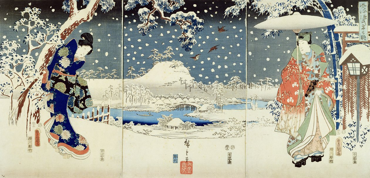 Escena de nieve en el jardín de un daimyo de Utagawa  Hiroshige and Kunisada