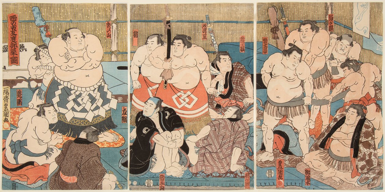 Combate de los luchadores de sumo Shitaky Beya y Hidenoyama de Utagawa Kunisada