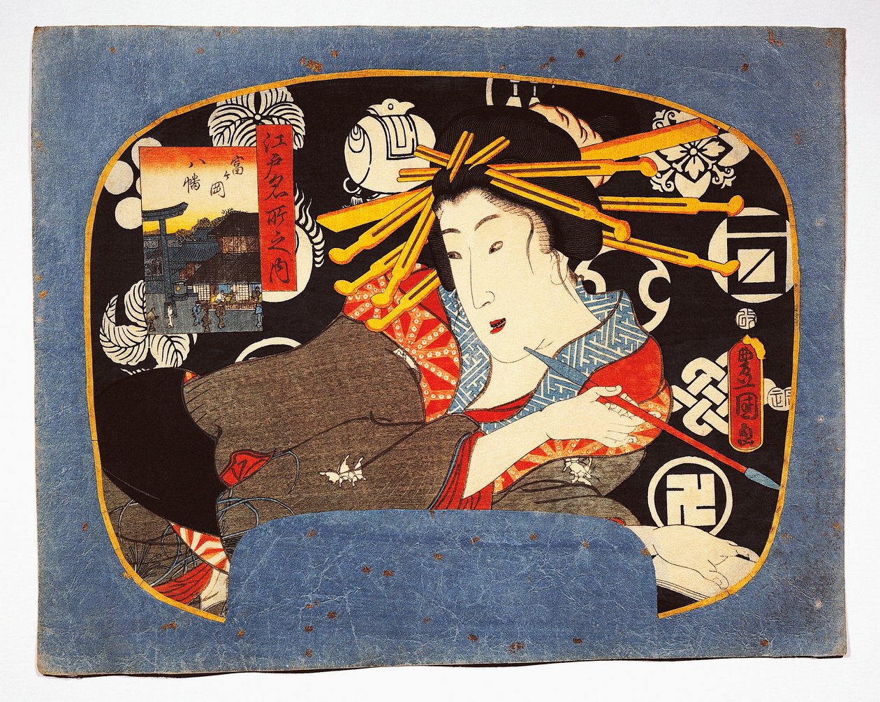 Cortesana con pipa larga, templo Hachiman en el recuadro a la izquierda de Utagawa Kunisada