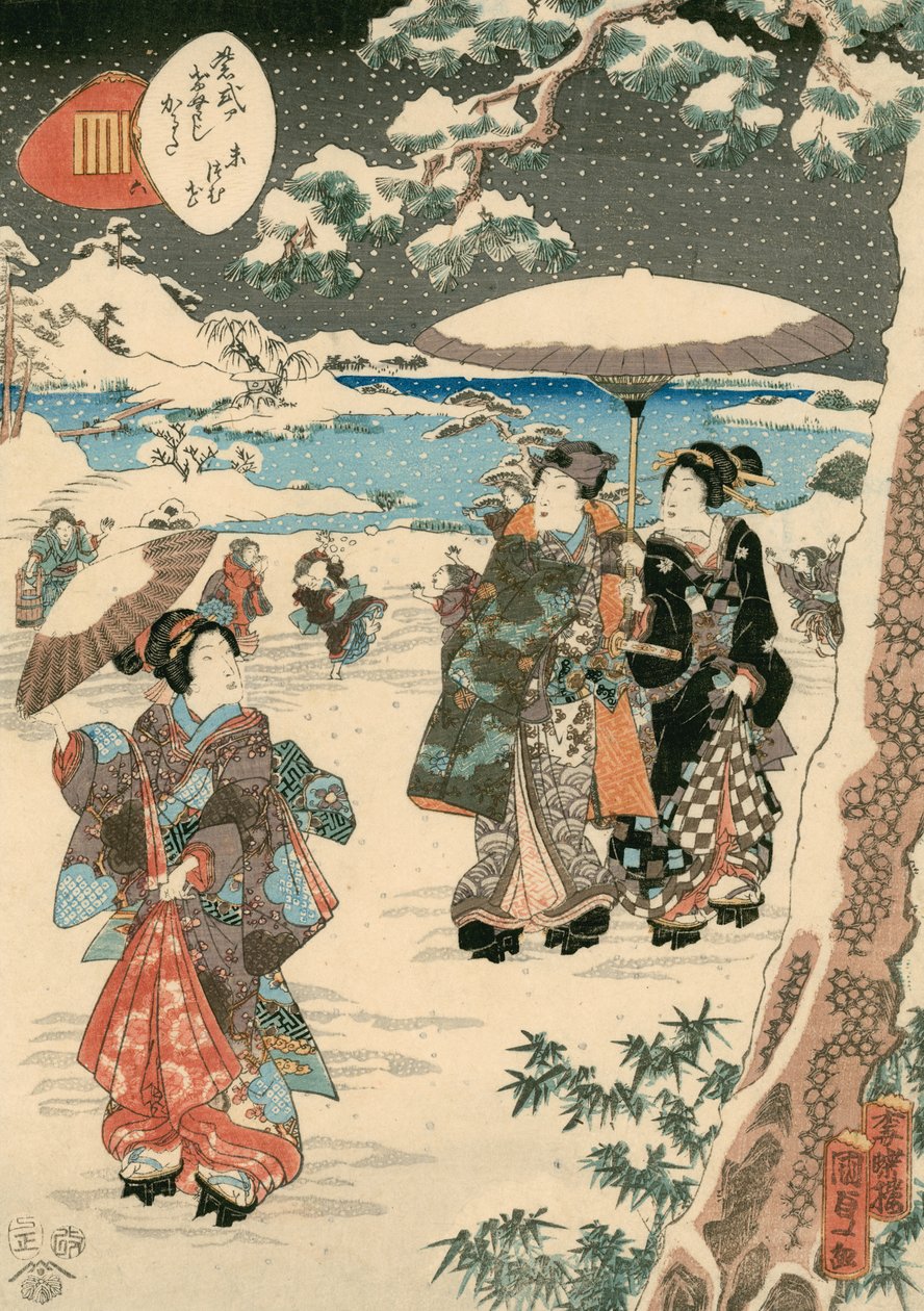 Figuren mit Sonnenschirmen im Schnee (Eine Szene aus Die Geschichte von Genji) von Utagawa (1786-1865) Kunisada