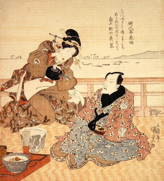 Onoe Kikugoro III tomando té en Shinagawa, c.1825 de Utagawa Kunisada