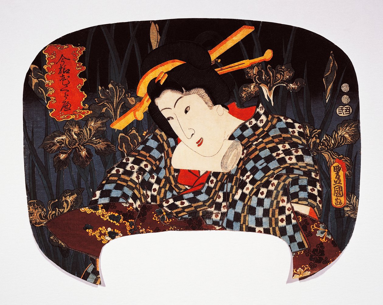 Retrato de cortesana con iris en el fondo de Utagawa Kunisada