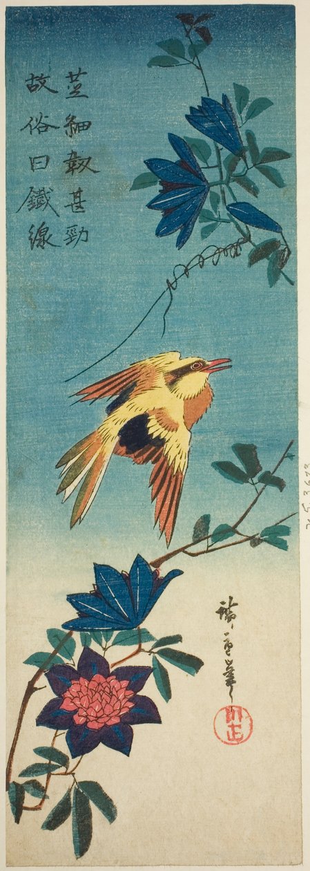 (Facsímil?) Oriol de nuca negra y clemátide de Utagawa Hiroshige