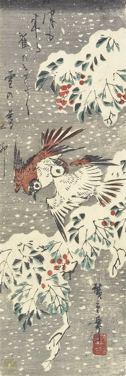 (Bambú Celestial y Gorriones en la Nieve), 1830-1858 de Utagawa Hiroshige