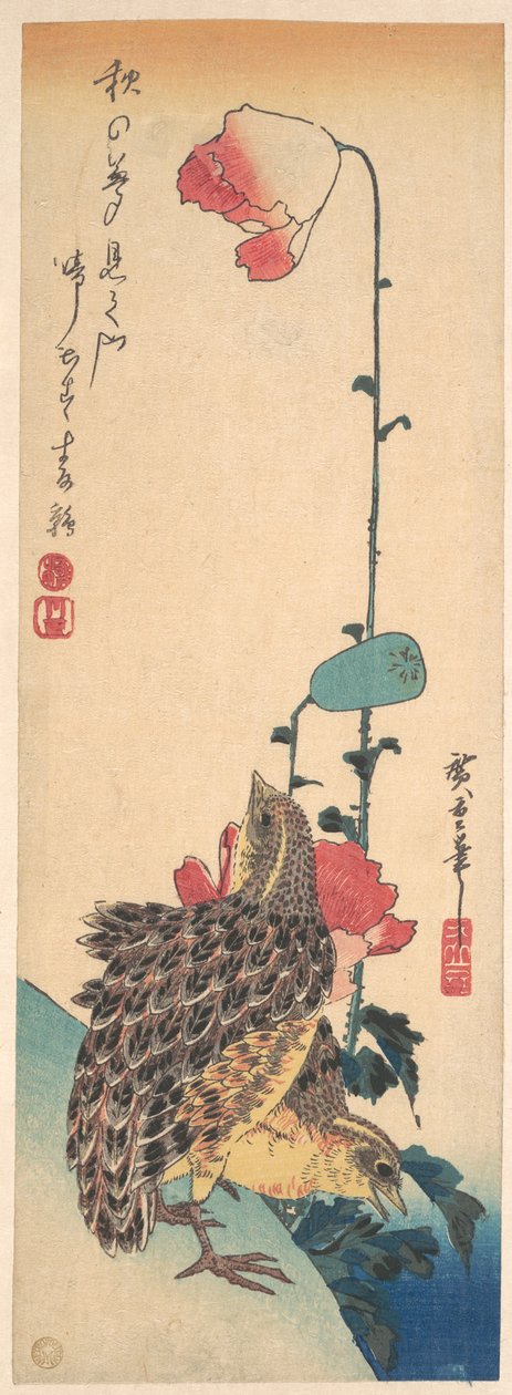 Un par de codornices y amapolas de Utagawa Hiroshige