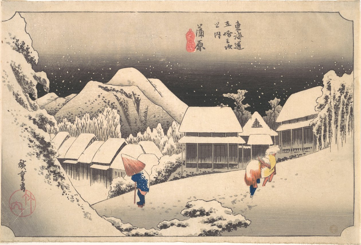 Una tarde nevada en la estación de Kanbara de Utagawa Hiroshige
