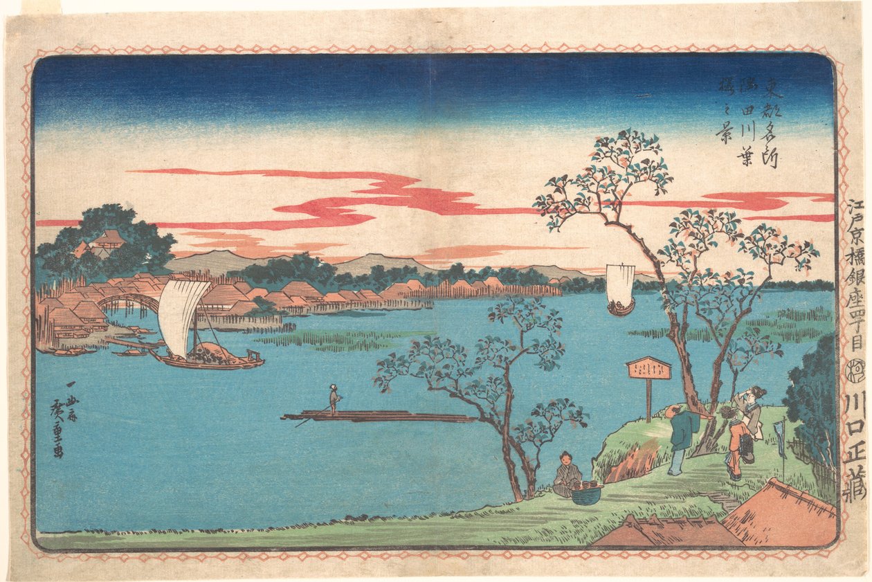 Vista de cerezos con follaje a lo largo del río Sumida de Utagawa Hiroshige