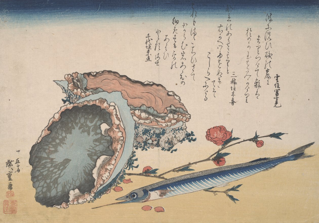 Abulón, Medio Pico y Flor de Durazno de Utagawa Hiroshige
