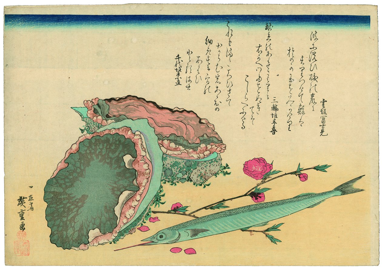 Abulón, pez medio pico y flores de melocotonero de Utagawa Hiroshige