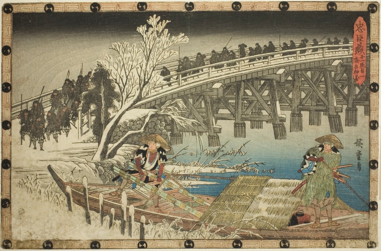 Acto 11, Parte 1: El acercamiento al ataque nocturno (Juichidanme ichi, yochi oshiyose), de la serie "La venganza de los leales vasallos (Chushingura)" de Utagawa Hiroshige