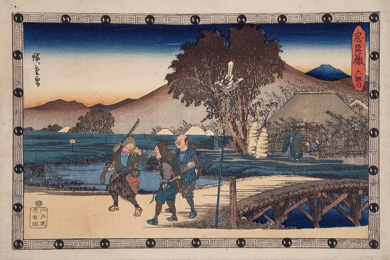 Acto VI: Cazadores que regresan tras llevar el cuerpo del asesinado Yoichibei a su cabaña de Utagawa Hiroshige