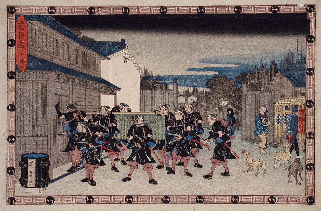 Acto X: Un rōnin que lleva una cesta en la que se esconde Yuranosuke entra en la casa de Gihei de Utagawa Hiroshige