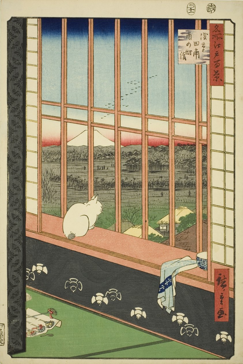 Campos de arroz de Asakusa y festival de Torinomachi (Asakusa tanbo Torinomachi mode), de la serie "Cien vistas famosas de Edo (Meisho Edo hyakkei)" de Utagawa Hiroshige
