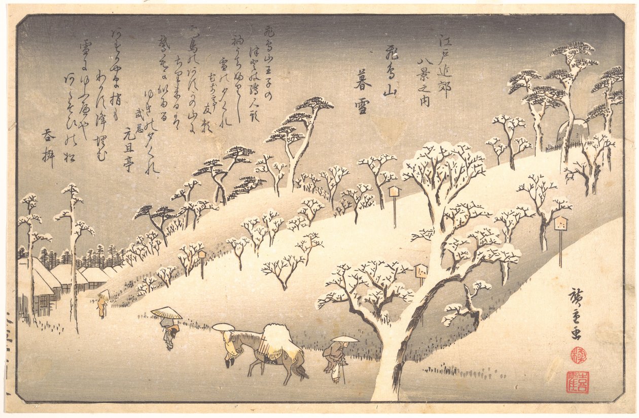 Asukayama nevado al atardecer de Utagawa Hiroshige