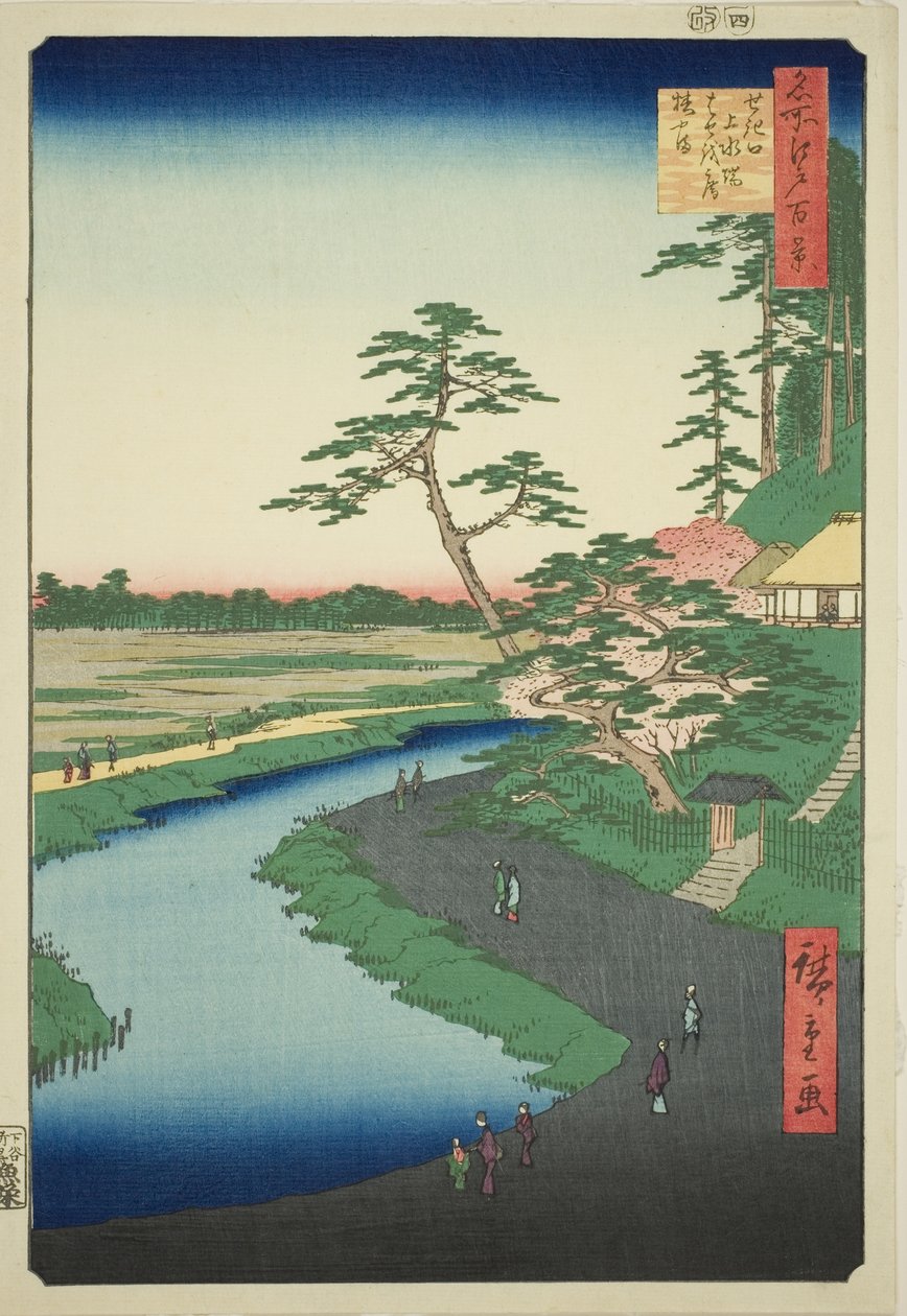 Cabaña de Basho en la colina de la camelia junto al acueducto de Sekiguchi (Sekiguchi josui-bata Bashoan Tsubakiyama), de la serie "Cien vistas famosas de Edo (Meisho Edo hyakkei)". de Utagawa Hiroshige
