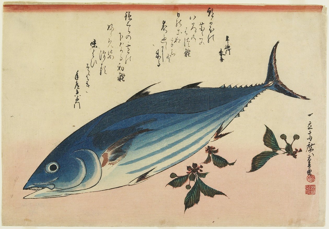 Bonito y hojas de cerezo, 1832-1833 de Utagawa Hiroshige
