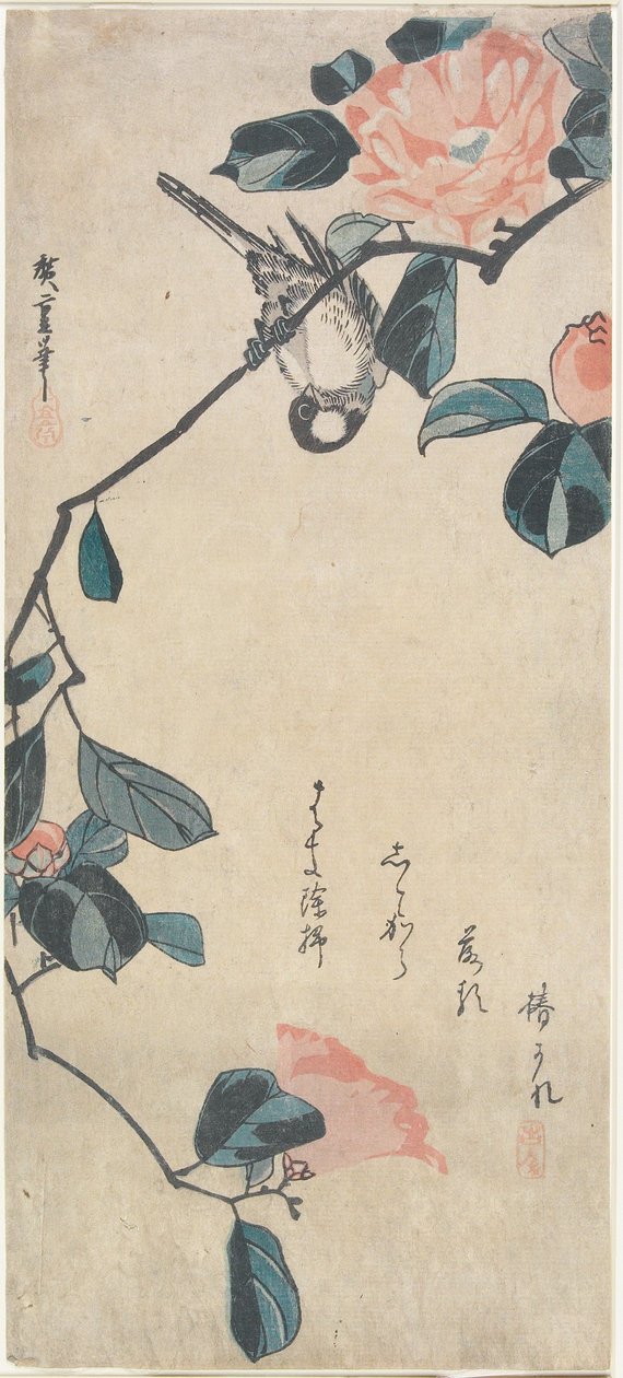 Camelia y camachuelo de Utagawa Hiroshige