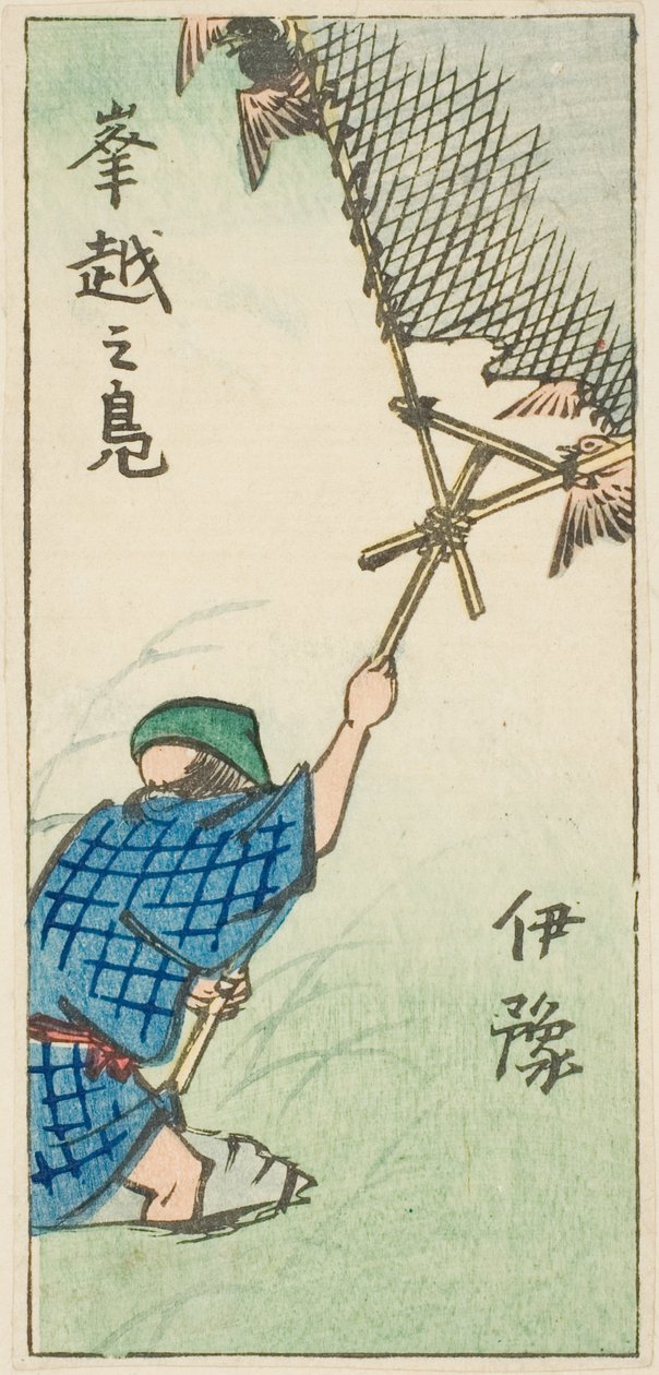 Cazando patos salvajes en la provincia de Iyo (Iyo, okoshi no kamo), sección de la hoja no. 16 de la serie "Imágenes recortadas de las provincias (Kunizukushi harimaze zue)" de Utagawa Hiroshige