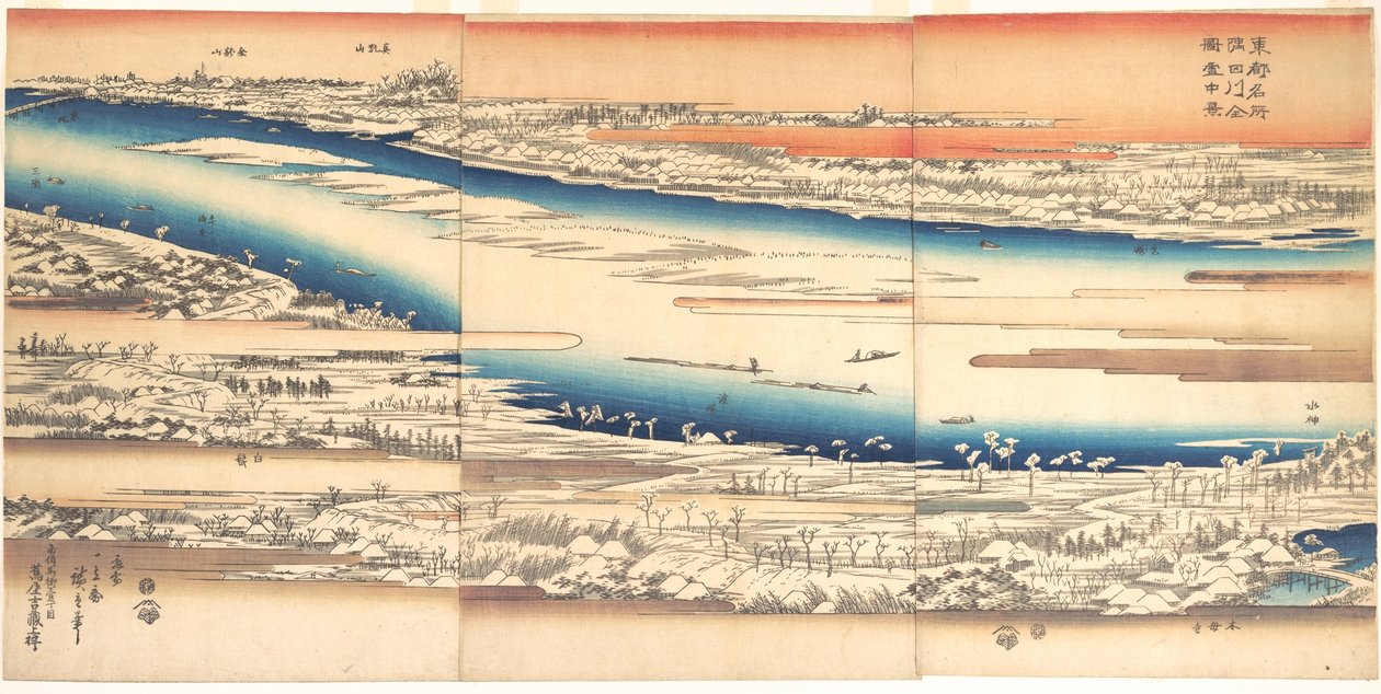 Lugares célebres de la capital oriental: Vista panorámica del río Sumida bajo la nieve de Utagawa Hiroshige