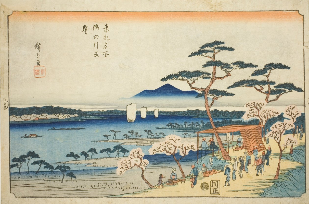 Cerezos en flor a lo largo del río Sumida (Sumidagawa hanazakari), de la serie "Lugares famosos en la capital oriental (Toto meisho)" de Utagawa Hiroshige