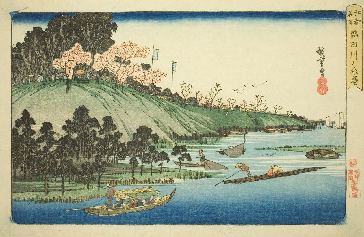 Cerezos en flor a lo largo del río Sumida (Sumidagawa hanazakari), de la serie "Lugares famosos en Edo (Koto meisho)" de Utagawa Hiroshige