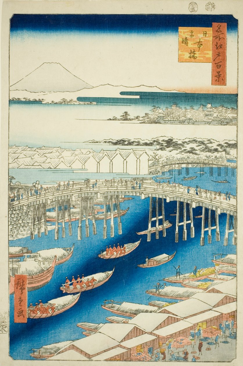 Clima despejado después de la nieve en el puente Nihon (Nihonbashi yukibare), de la serie "Cien vistas famosas de Edo (Meisho Edo hyakkei)" de Utagawa Hiroshige