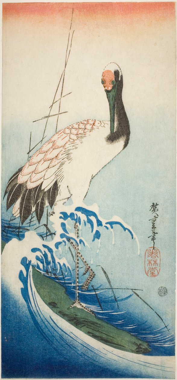 Grulla y olas de Utagawa Hiroshige