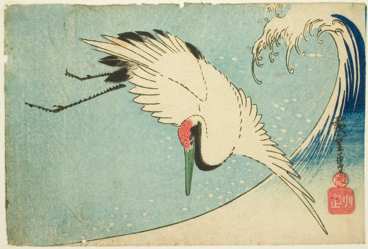 Grulla volando sobre la ola de Utagawa Hiroshige