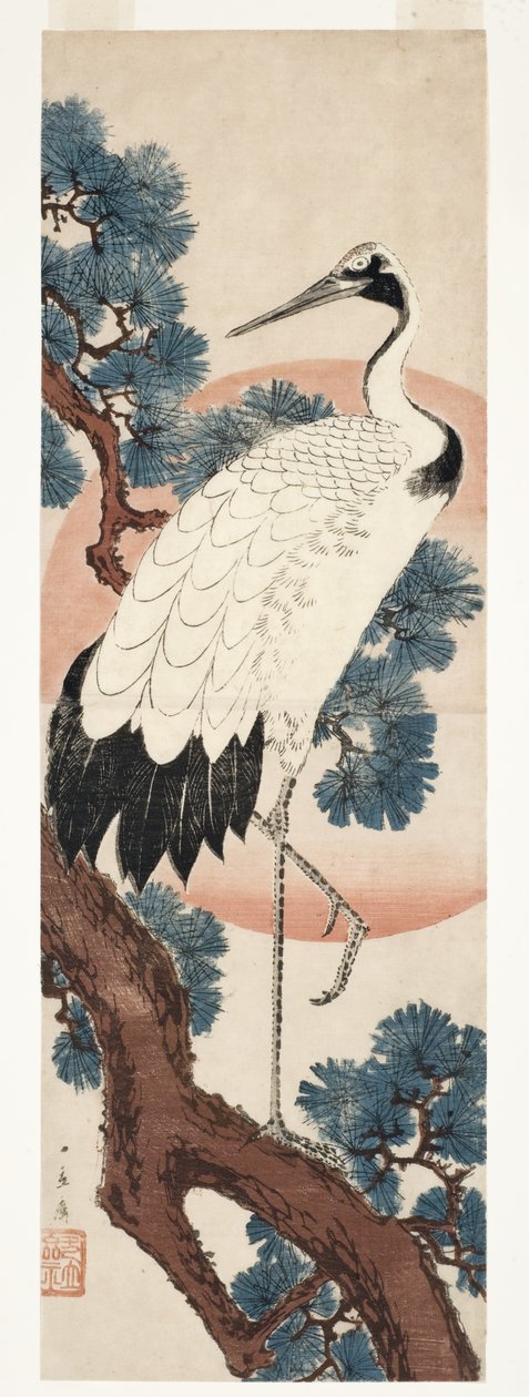 Grulla en un pino al amanecer, 1850-55 de Utagawa Hiroshige