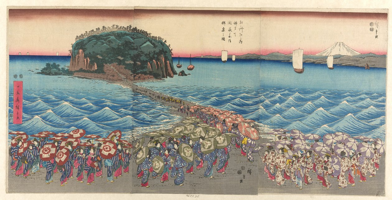 Multitud visitando el Santuario Benzaiten en Enoshima en la provincia de Sagami de Utagawa Hiroshige