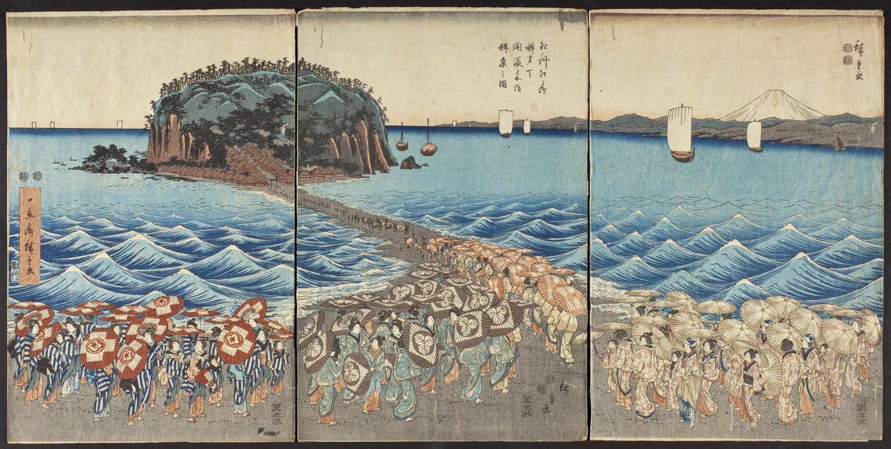 Multitudes visitando el santuario de Benzaiten en Enoshima, provincia de Sagami, con motivo de la visita especial de Utagawa Hiroshige