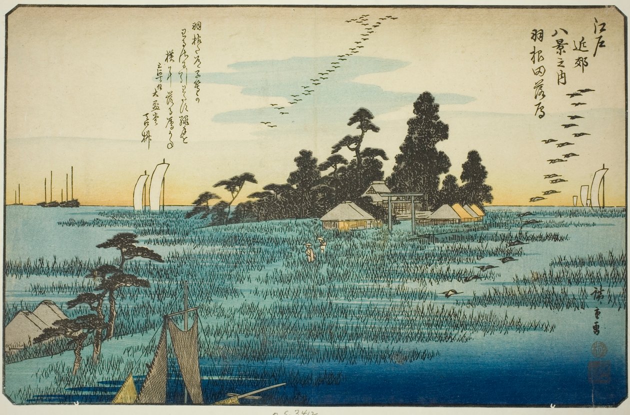 Gansos descendiendo en Haneda (Haneda no rakugan), de la serie "Ocho vistas en los alrededores de Edo (Edo kinko hakkei no uchi)" de Utagawa Hiroshige