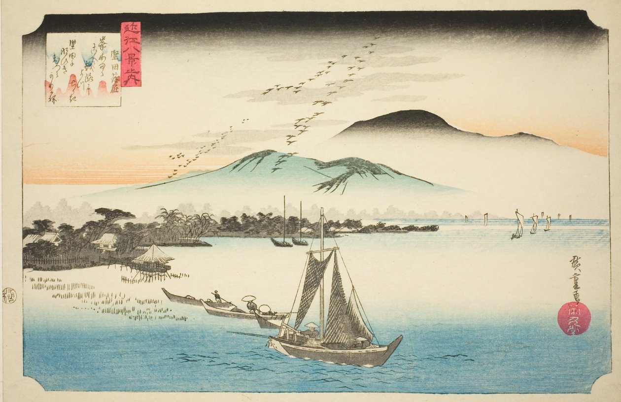 Gansos descendiendo en Katada (Katada rakugan), de la serie "Ocho vistas de Omi (Omi hakkei no uchi)" de Utagawa Hiroshige
