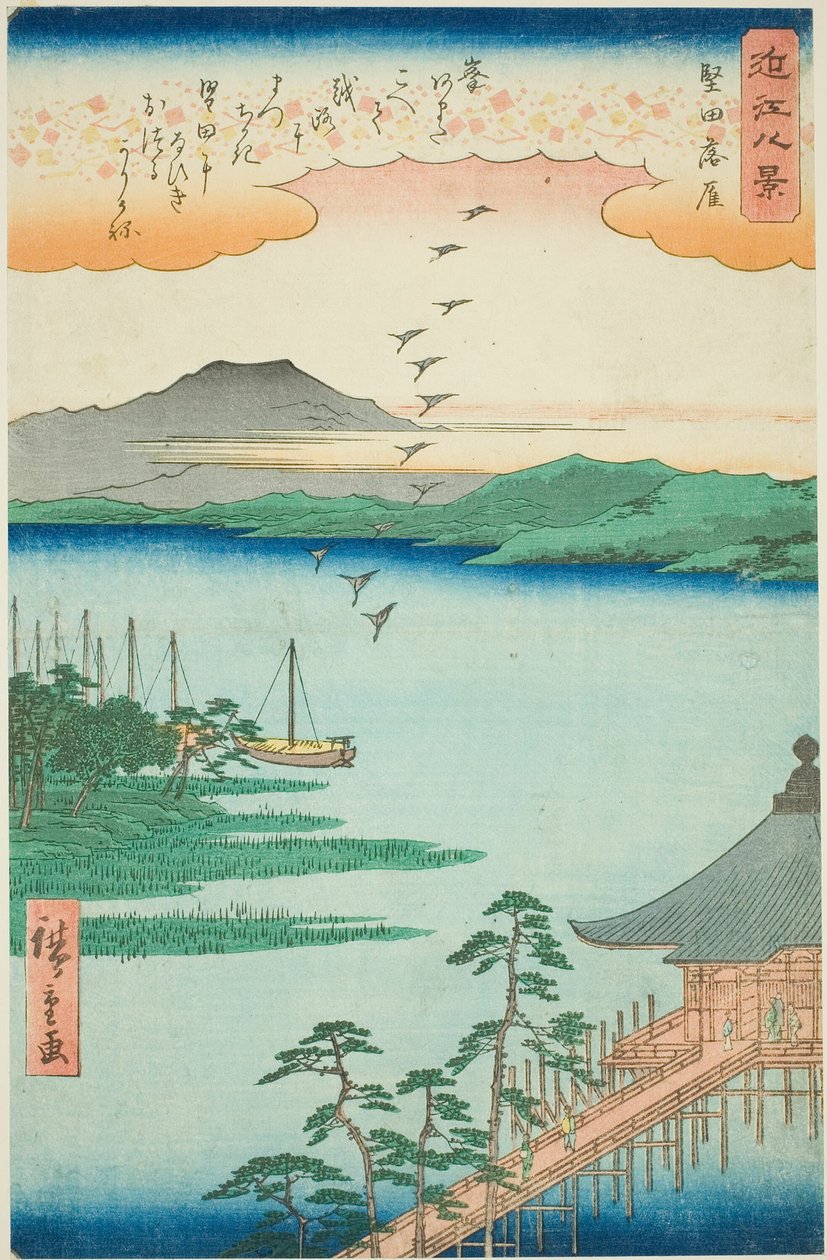 Gansos descendiendo en Katada, de la serie "Ocho vistas de Omi" de Utagawa Hiroshige