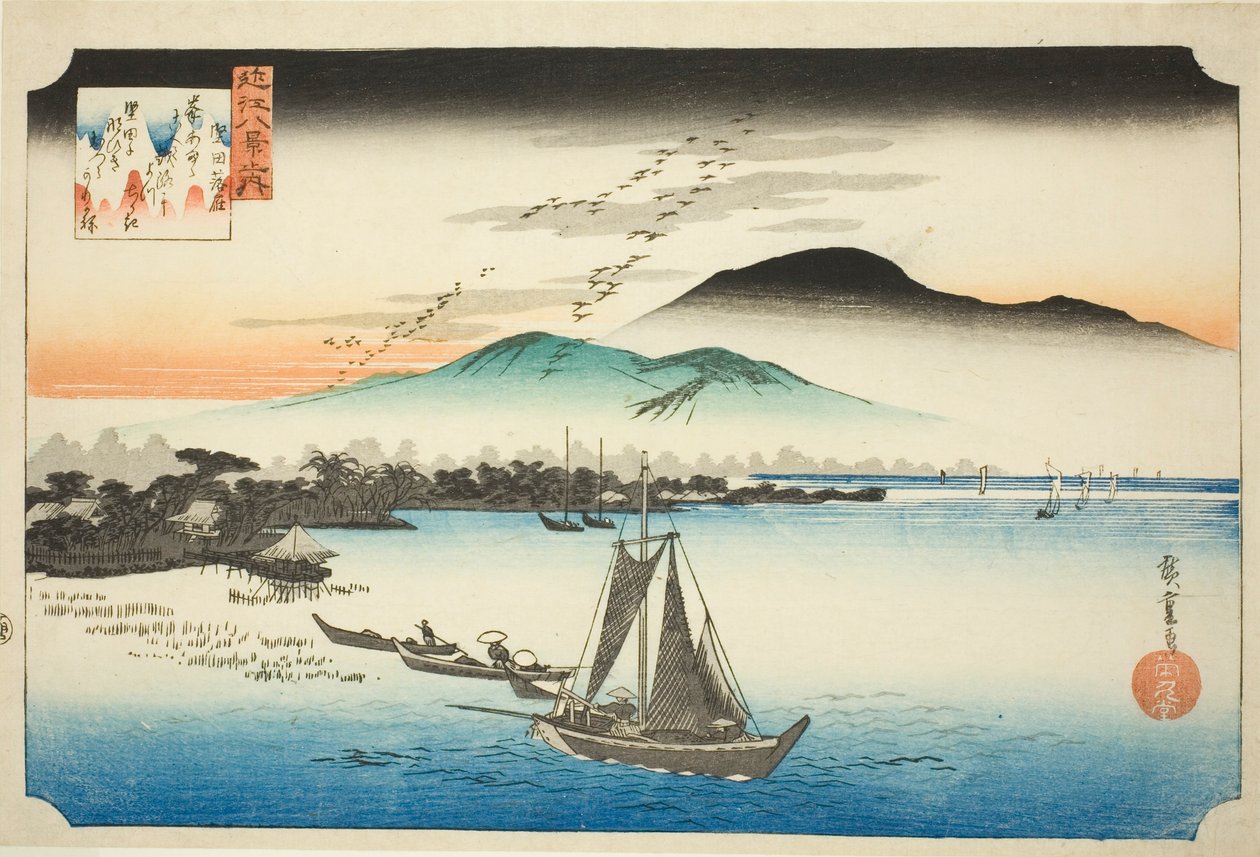 Gansos Descendiendo en Katada (Katada rakugan), de la serie "Ocho Vistas de Omi (Omi hakkei no uchi)" de Utagawa Hiroshige
