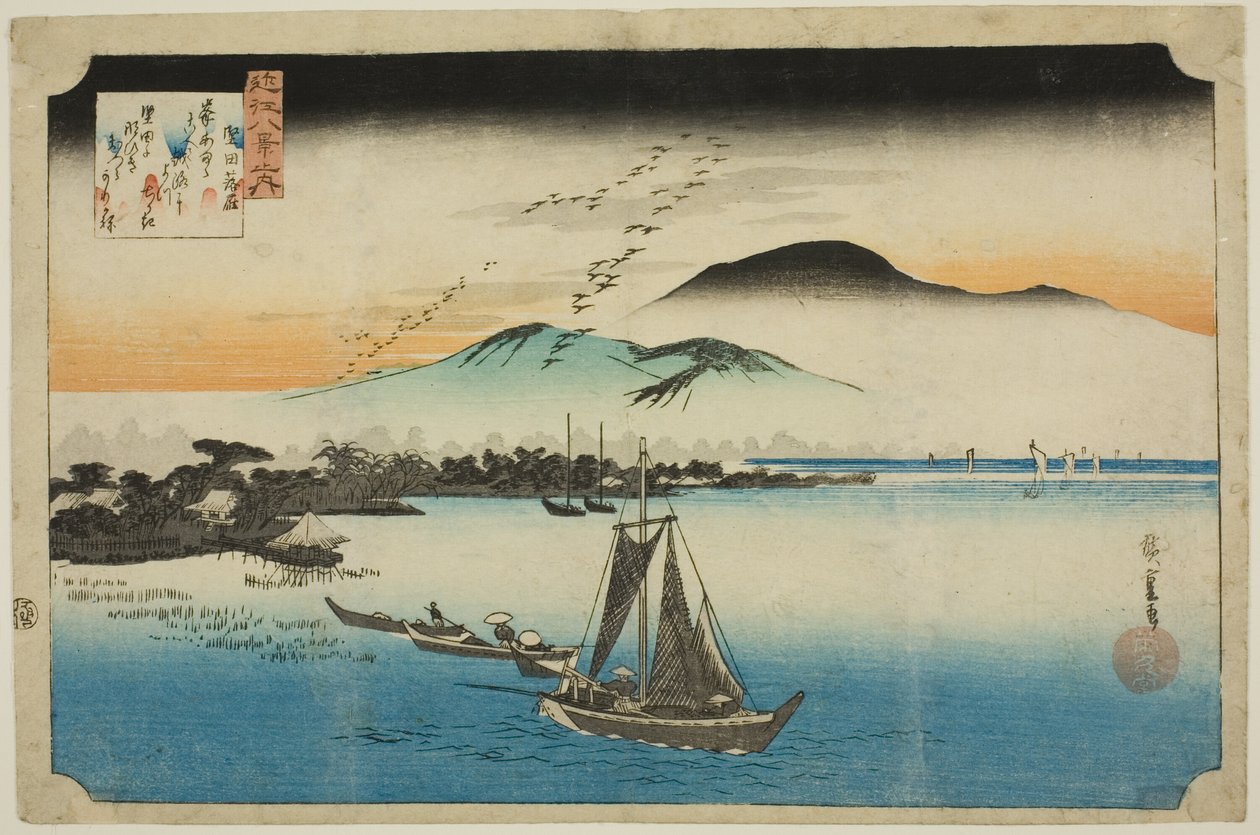 Gansos Descendiendo en Katada (Katada rakugan), de la serie "Ocho Vistas de Omi (Omi hakkei no uchi)" de Utagawa Hiroshige
