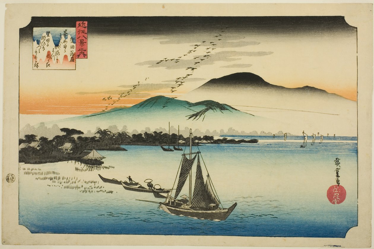 Gansos descendiendo en Katada, de la serie "Ocho vistas de Omi" de Utagawa Hiroshige