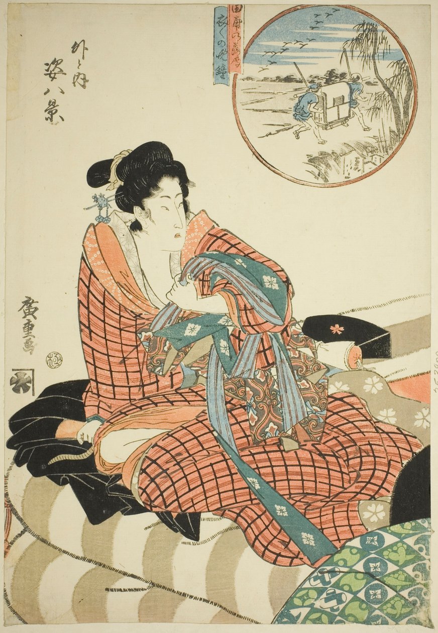 Gansos Descendiendo en los Campos de Arroz (Tanbo no rakugan) y Campana Vespertina de la Mañana Siguiente (Kinuginu no bansho), de la serie "Ocho Vistas de Figuras Dentro y Fuera (Soto to uchi sugata hakkei)" de Utagawa Hiroshige