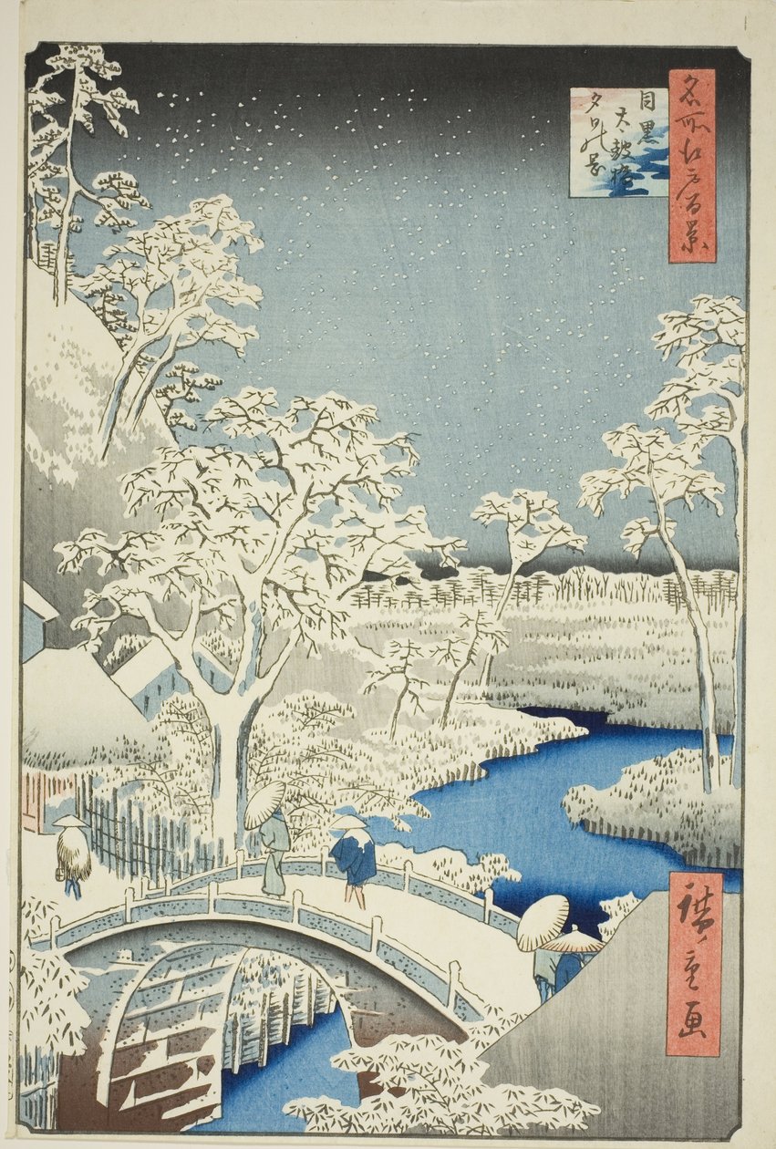 Puente de tambor y colina Yuhi en Meguro (Meguro Taikobashi Yuhi-no-oka), de la serie "Cien vistas famosas de Edo (Meisho Edo hyakkei)" de Utagawa Hiroshige