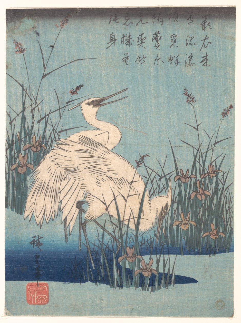 Garceta entre lirios y hierbas de Utagawa Hiroshige