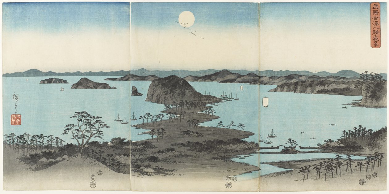 Ocho vistas de Kanazawa en la provincia de Musashi por la noche, julio de 1857 de Utagawa Hiroshige