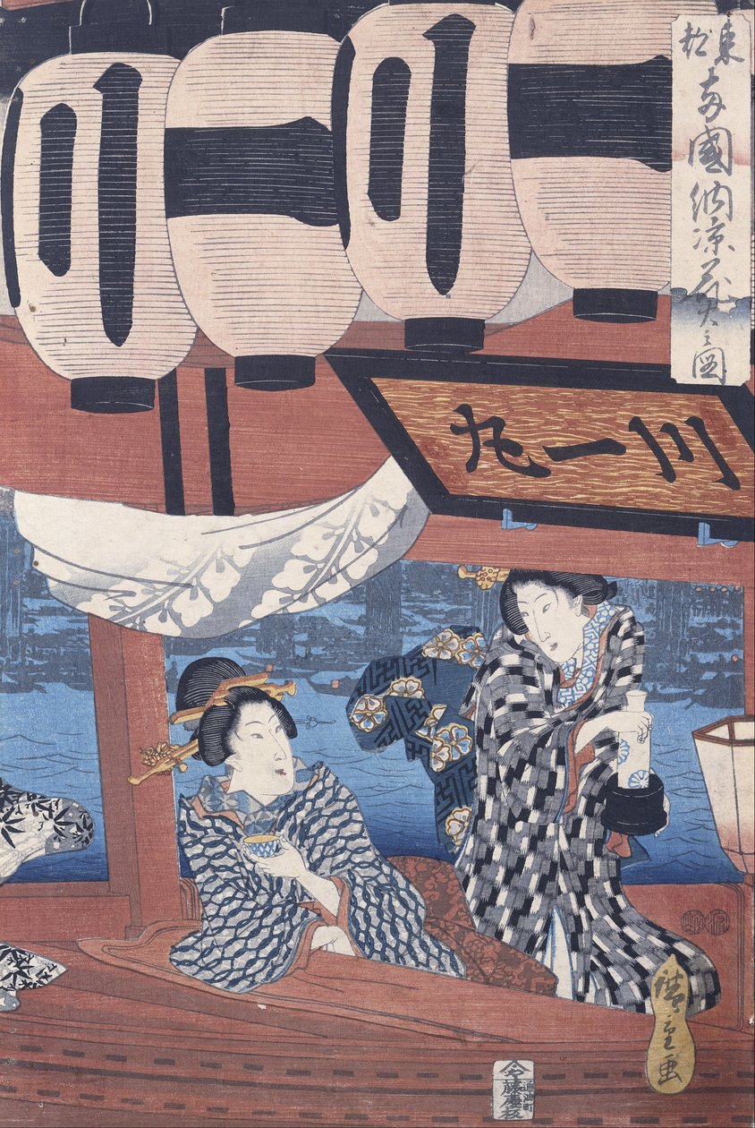 Disfrutando de los fuegos artificiales y la frescura de la noche en el puente Ryogoku en la Capital Oriental de Utagawa Hiroshige