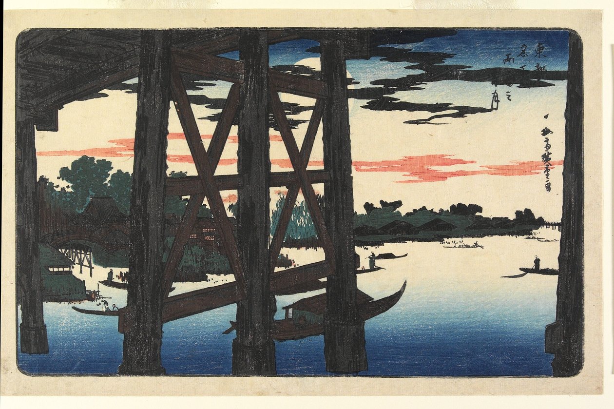 La luna al atardecer en el puente de Ryōgoku de Utagawa Hiroshige