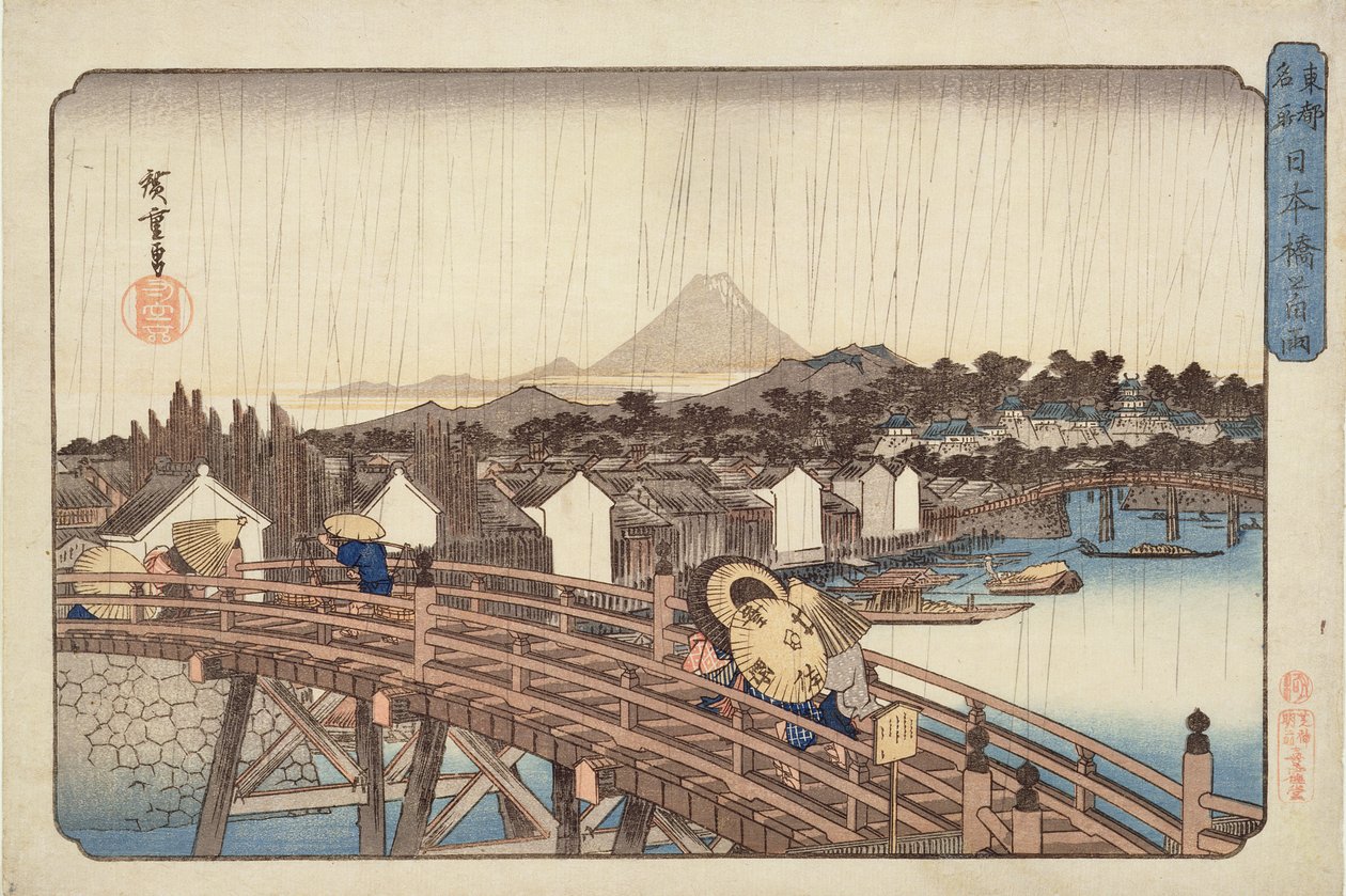 Lluvia vespertina en el puente Nihonbashi, de Lugares célebres de la capital oriental, c.1832 de Utagawa Hiroshige